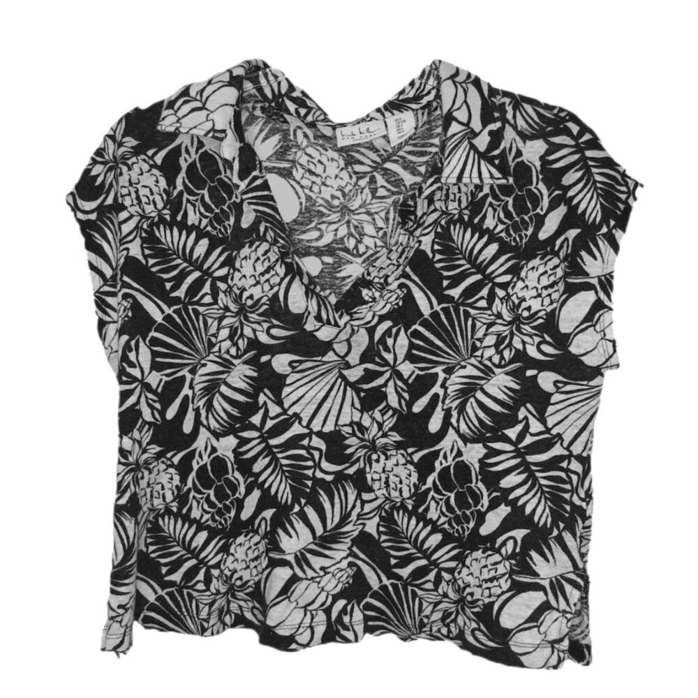 Nicole Miller Soft Linen Black and White Polo Top Size L Beach Summer Cool